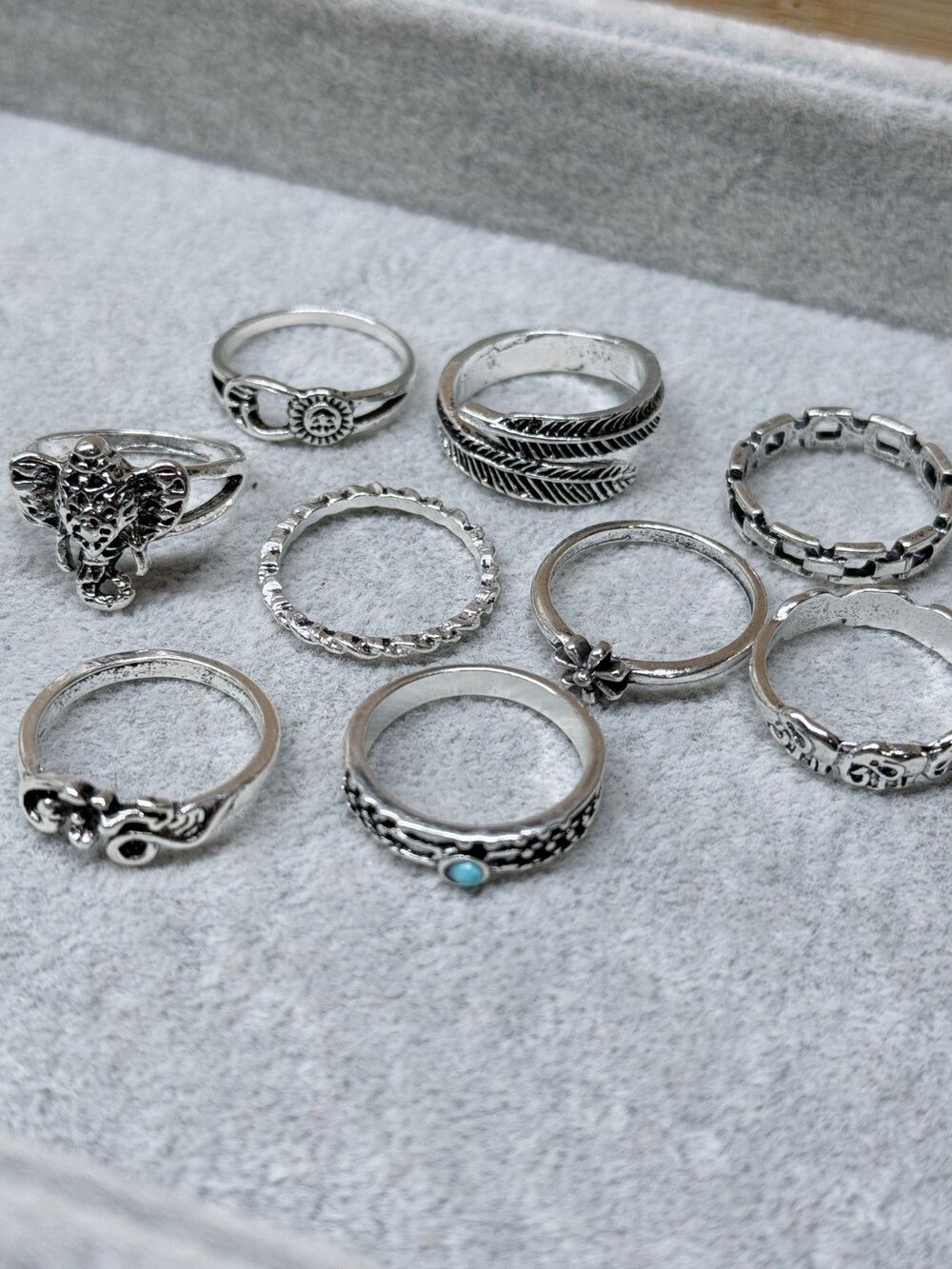 9pc Silver Tone Ring Bundle Size 7 Mixed Designs Stackable Fashion Rings